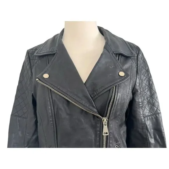 Vintage RIVER ISLAND Quilted Leather Moto Biker Black Jacket Size UK 12 US 8 - Picture 5 of 14